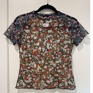 Nike Womens Floral Mesh Short Sleeve Top Sheer Logo Tee Multicolor Small